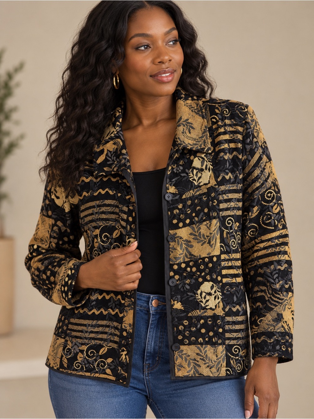 Coldwater Creek Abstract Reversible Floral Tapestry 38Blazer in Black & Gold Siz